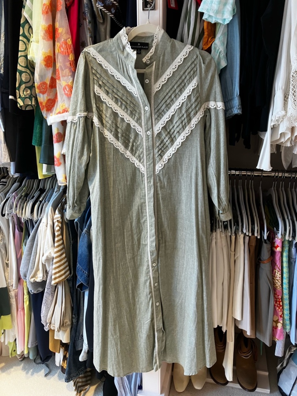 Boho Lace-Trim Button-Front Maxi Dress - Sage Green, Tuckernut